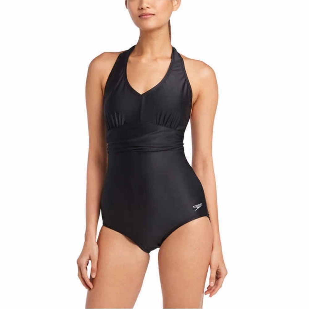 Speedo Women's Solid Halter One Piece Swimsuit Black NWOT Size S